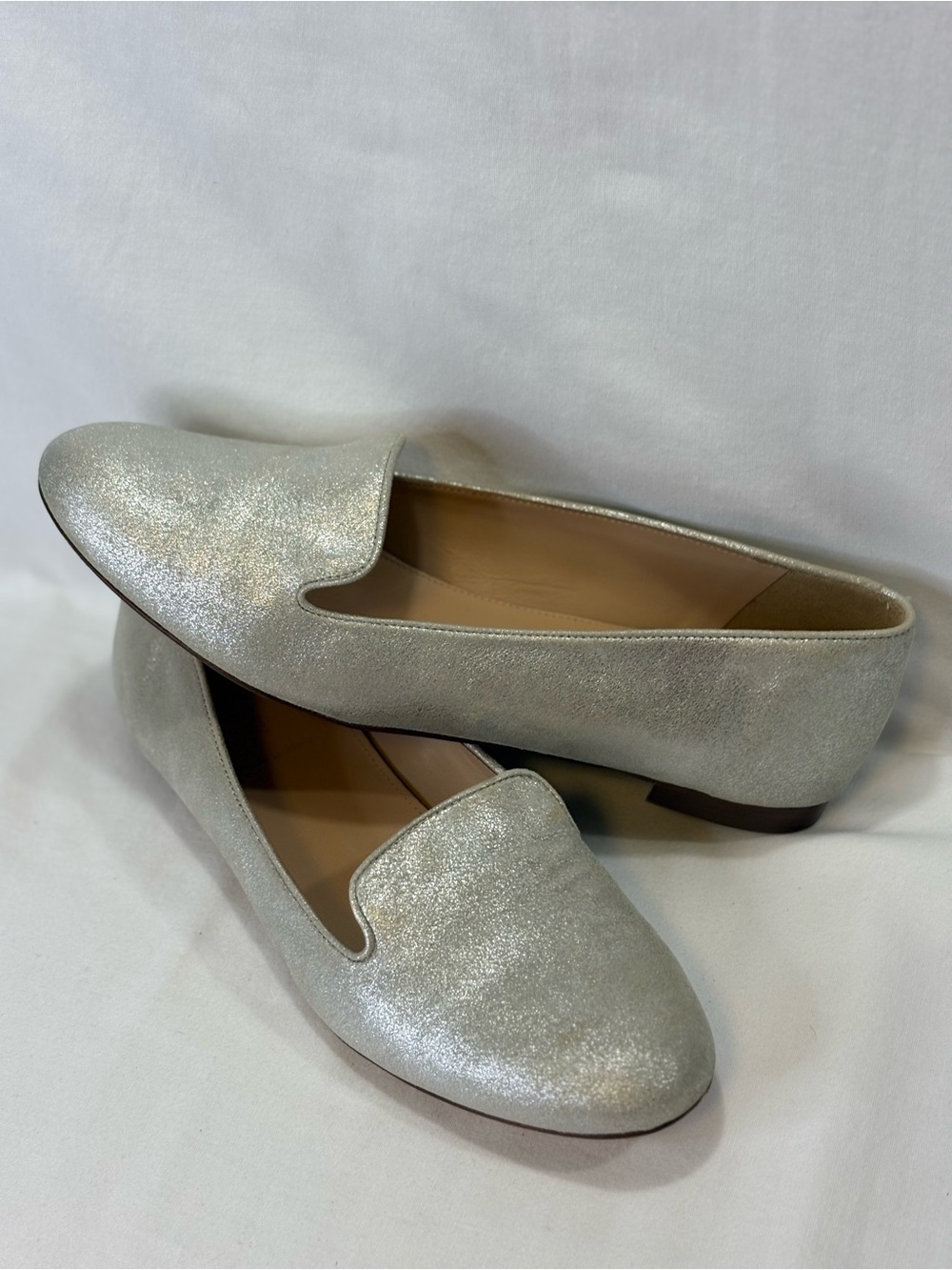 J. Crew Silver Leather Metallic Glitter Smoking Loafers SZ 9.5 VGC $148